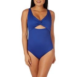 Nine West Womens Solid Ribbed Front Twist One Piece Swimsuit