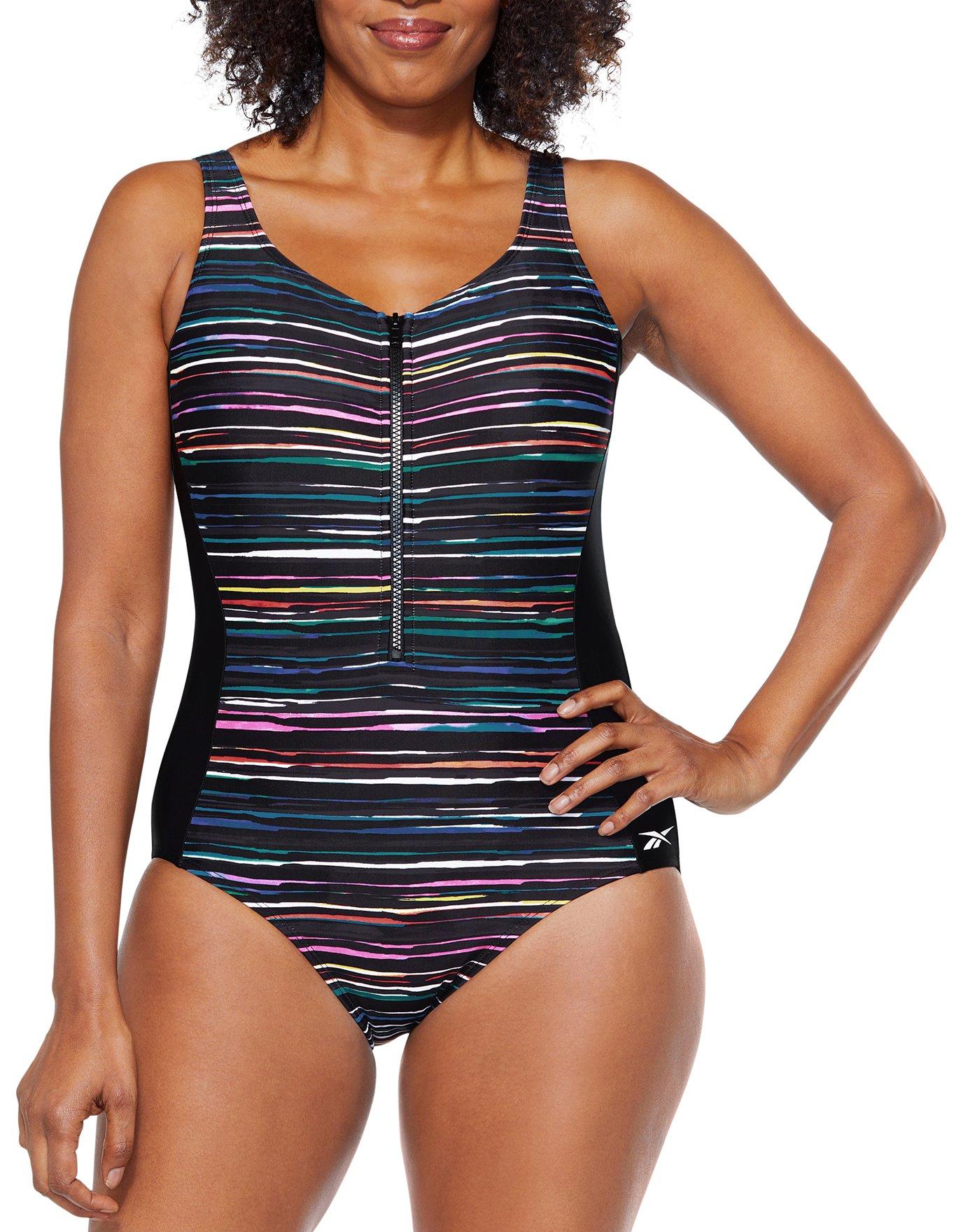Reebok Womens Striped Zip Front One Piece Swimsuit