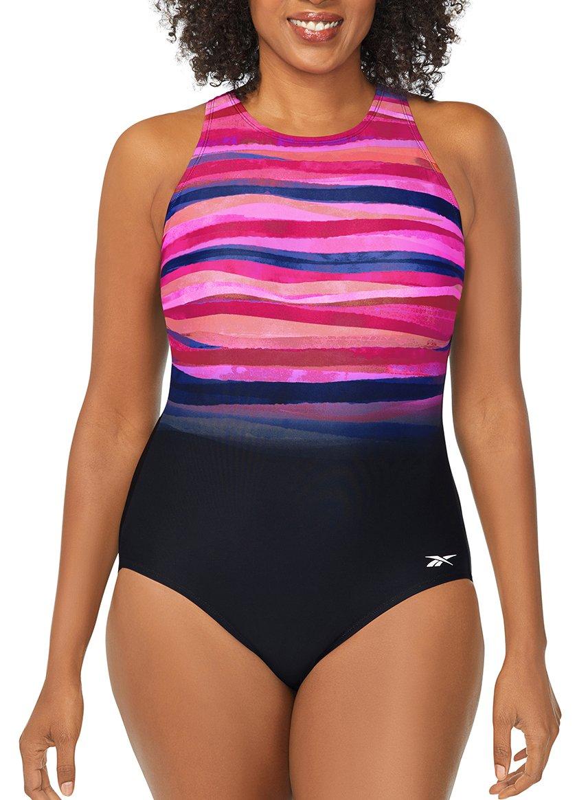 Reebok Womens High Neck Graphic One Piece Swimsuit