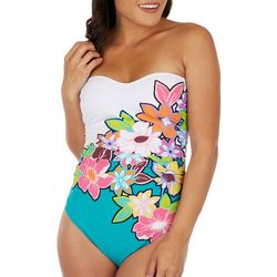 Womens Floral Bandeau Side Shirred One Piece Swimsuit