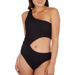 Juniors Solid Ribbed One Shoulder One Piece Swimsuit