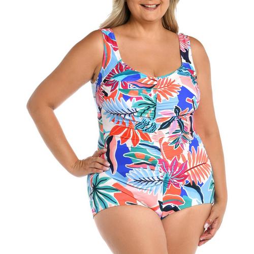 Plus Tropical Abstraction Shirred Girl Leg One Piece