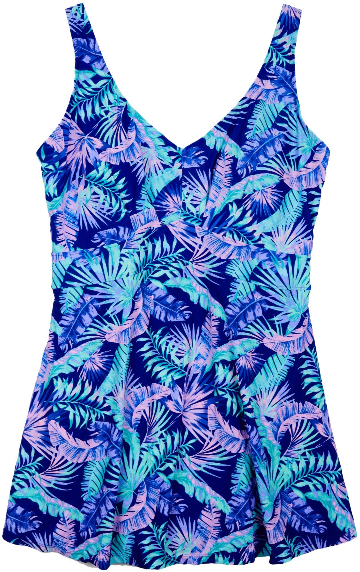 Womens Plus Tropical Leaf Swim Dress