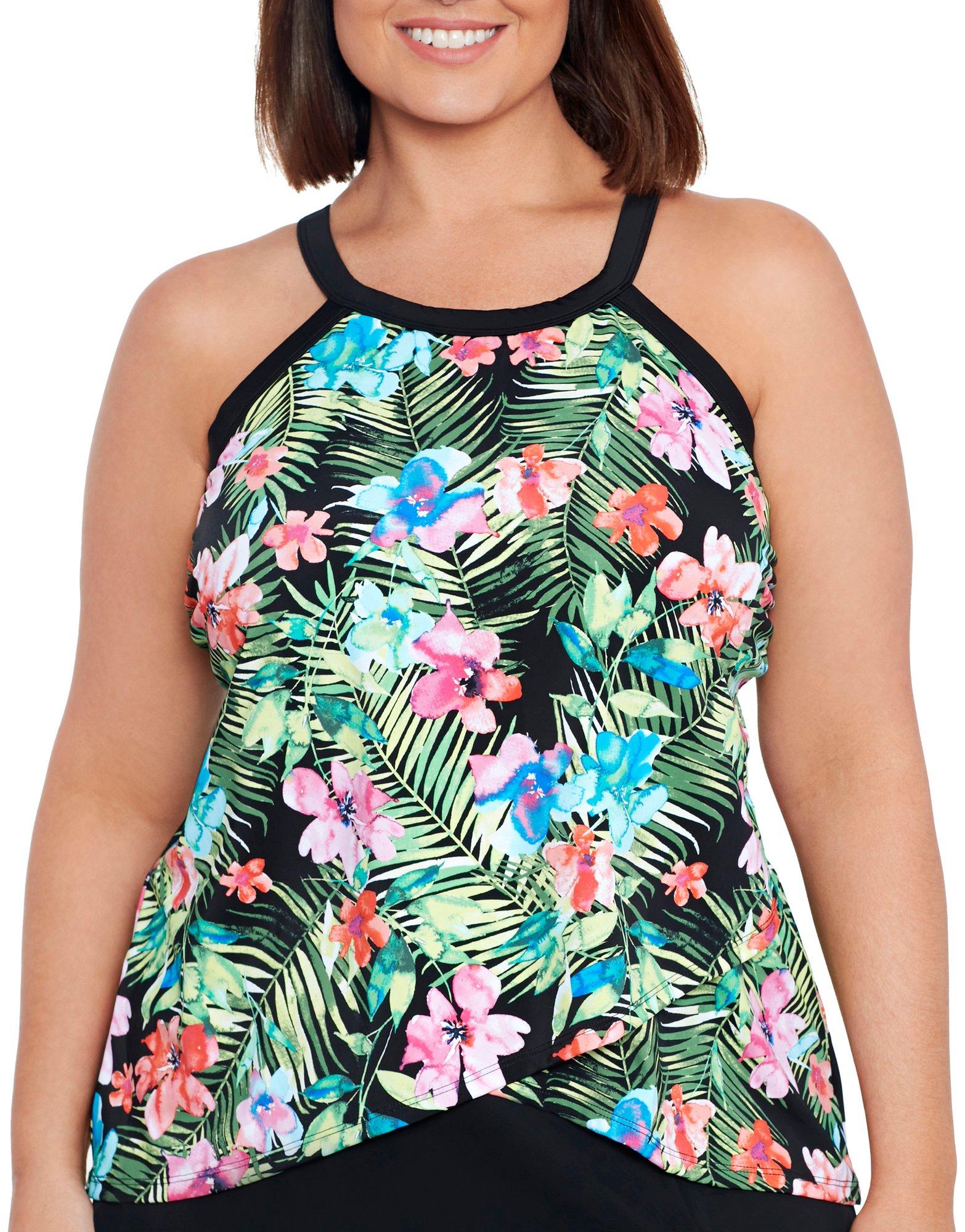 Fit4U Women's Plus Size Palms High Neck Two Tiered Tankini Top at