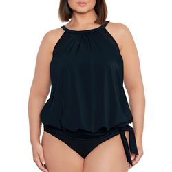 Plus Solid Meshed Up High Neck Blouson Tankini