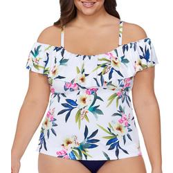 Plus Floral Ruffle Off The Shoulder Tankini Top