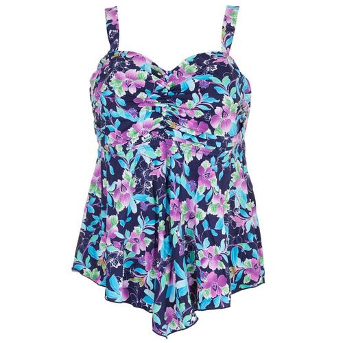 A Shore Fit Plus Floral Ruched V-Hemline Tankini