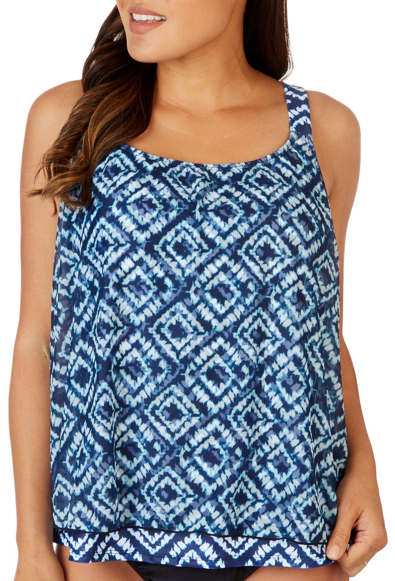 Plus Ikat Tiered Mesh Overlay Tankini Top