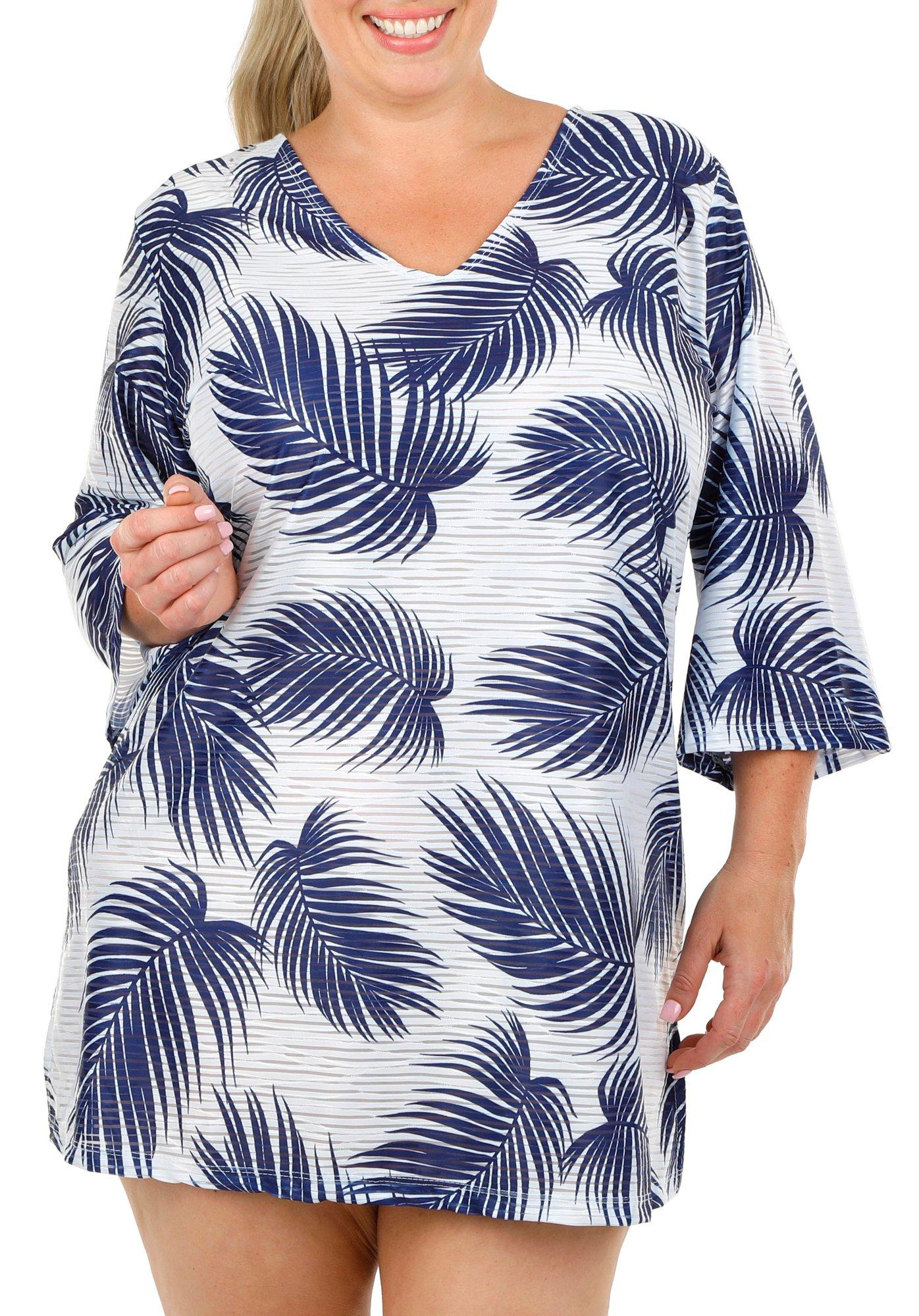 Plus Palm Wave Mesh Striped 3/4 Sleeve Coverup