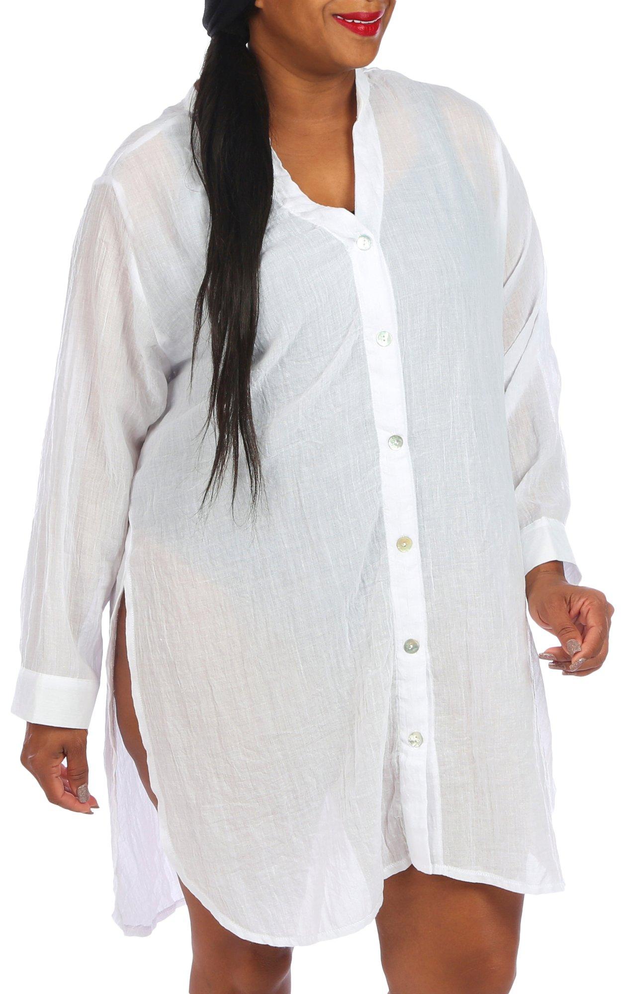 Pacific Beach Plus Solid Big Shirt Long Sleeve Coverup