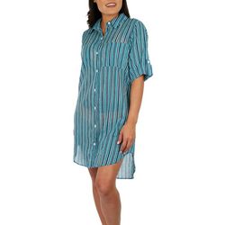 Womens Striped Big Shirt 3/4 Sleeve Pocket Coverup