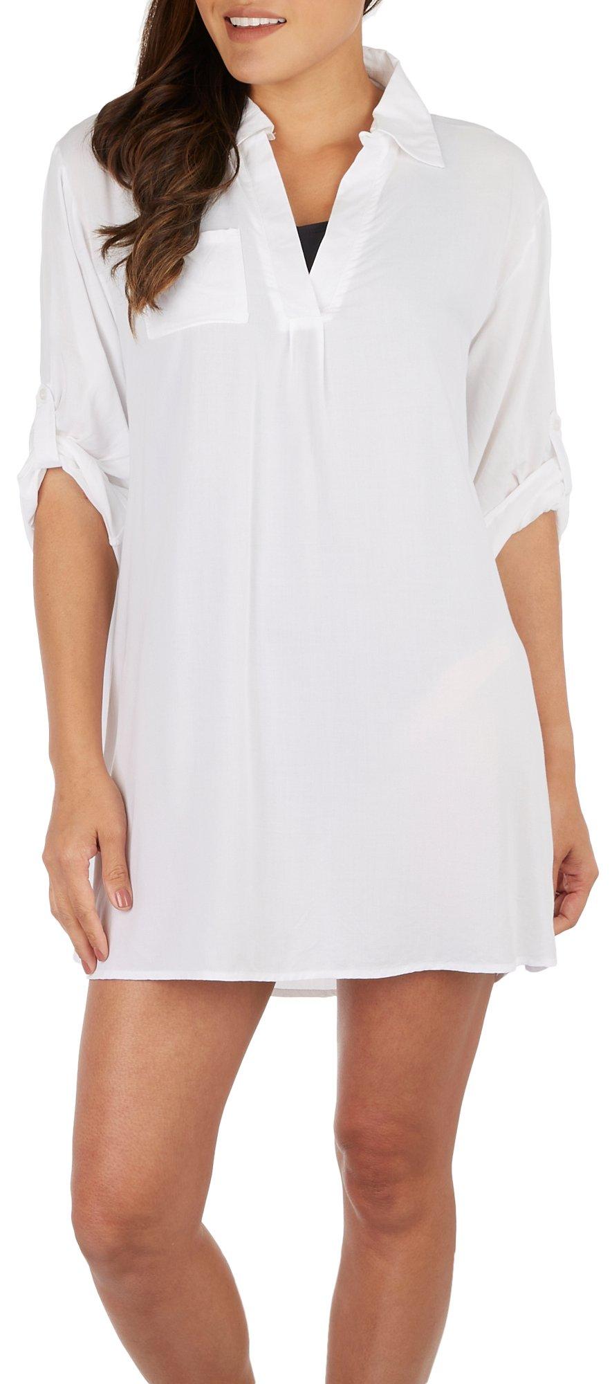 Womens Solid Split Neck Collar Shirt Coverup