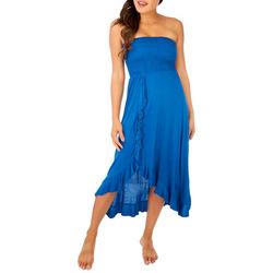 Womens Solid Smocked Waterfall High Low Strapless Coverup
