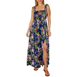 Womens Floral Smocked Ruffle Maxi Dress Coverup