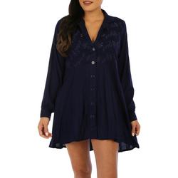 Womens Solid Eyelet Button Down Coverup