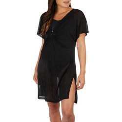 Womens Solid V Neck O-Ring Short Sleeve Mesh Cover Up