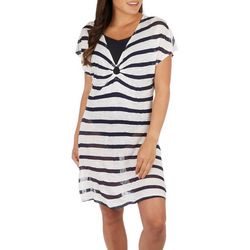 Womens Striped V Neck O-Ring Short Sleeve Cover Up