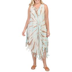 In Gear Womens Tie Dye Embroidered Lace Up Fringe Coverup