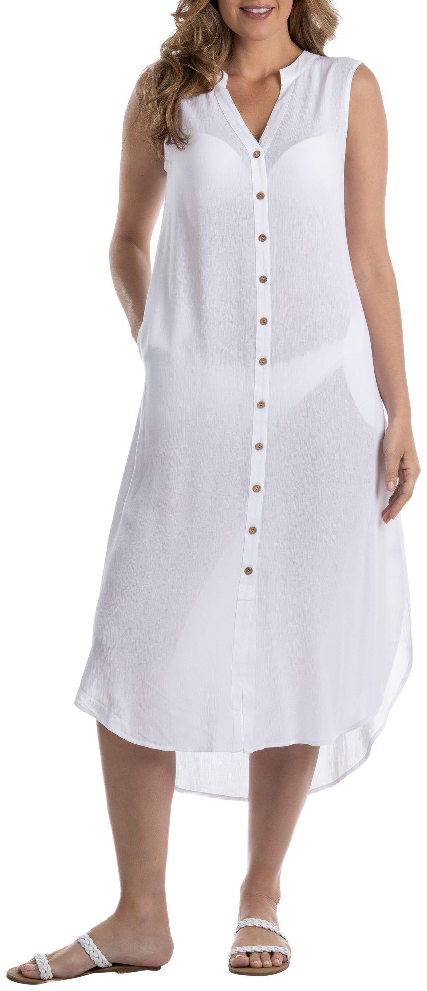 Womens Solid Full Button Sleeveless Coverup