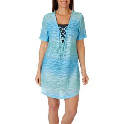 Pacific Beach Womens Ombre Lace Up Short Sleeve Coverup