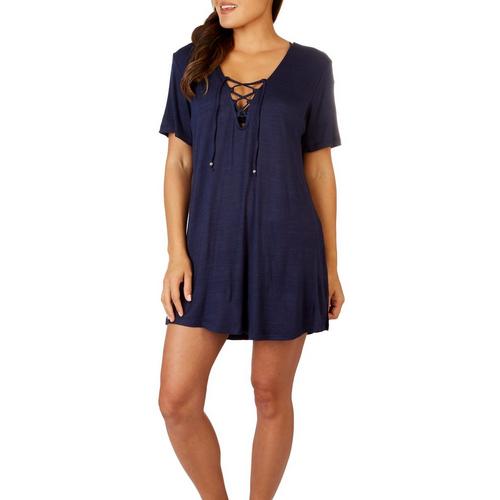 Pacific Beach Womens Solid Lattice Short Sleeve Coverup