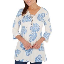 Pacific Beach Womens Lace Neck Palm Leaf 3/4 Sleeve Coverup