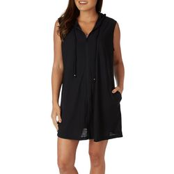 Womens Solid Full Zip Sleeveless Hooded Coverup