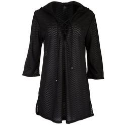 Womens Solid Mesh Waves Hooded Tunic Coverup
