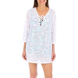Pacific Beach Womens Solid Jacquard Lace Coverup