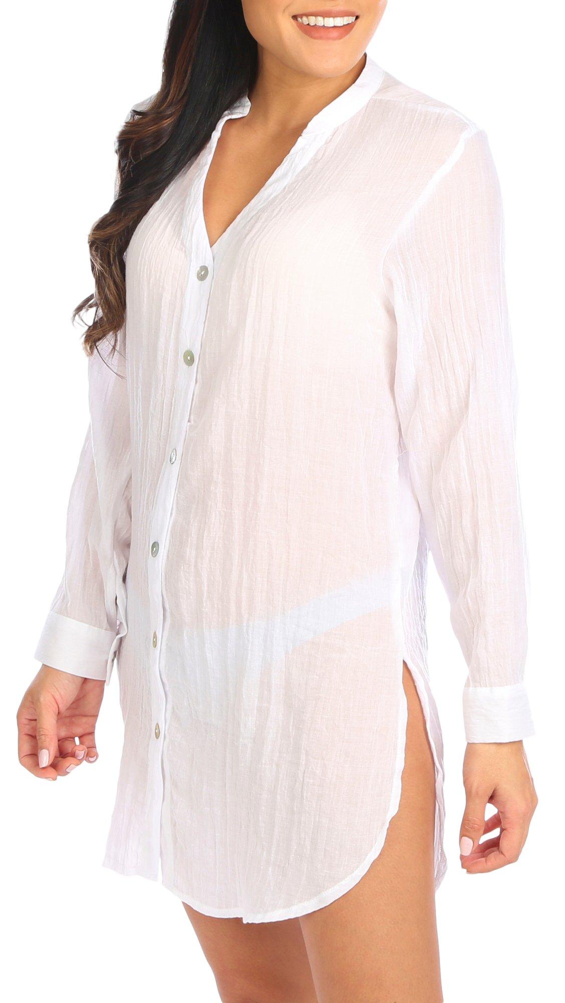 Pacific Beach Womens Solid Big Shirt Long Sleeve Coverup