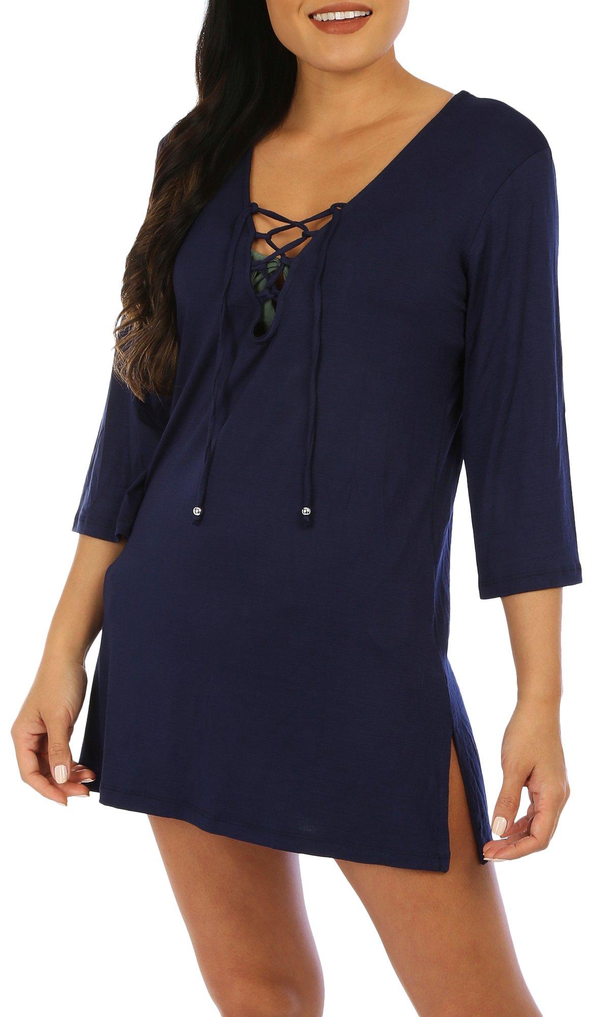 Womens Lace Up Solid 3/4 Sleeve Coverup