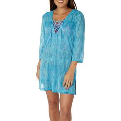Pacific Beach Womens Solid Chevron Woven 3/4 Sleeve Coverup