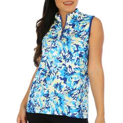 COURT HALEY Womens Lush Floral 1/4 Zip Sleeveless Polo Top