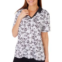 Womens Floral Print Band Collar Short Sleeve Golf Polo
