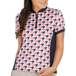 Womens Houndstooth 1/4 Zip Short Sleeve Polo Top
