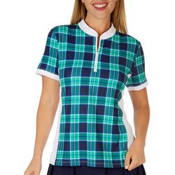 Lillie Green Womens Plaid Quarter Zip Polo Short Sleeve Top