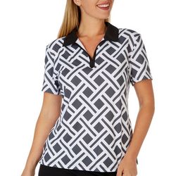 Lillie Green Womens Geo Mesh Inset Polo Short Sleeve Top