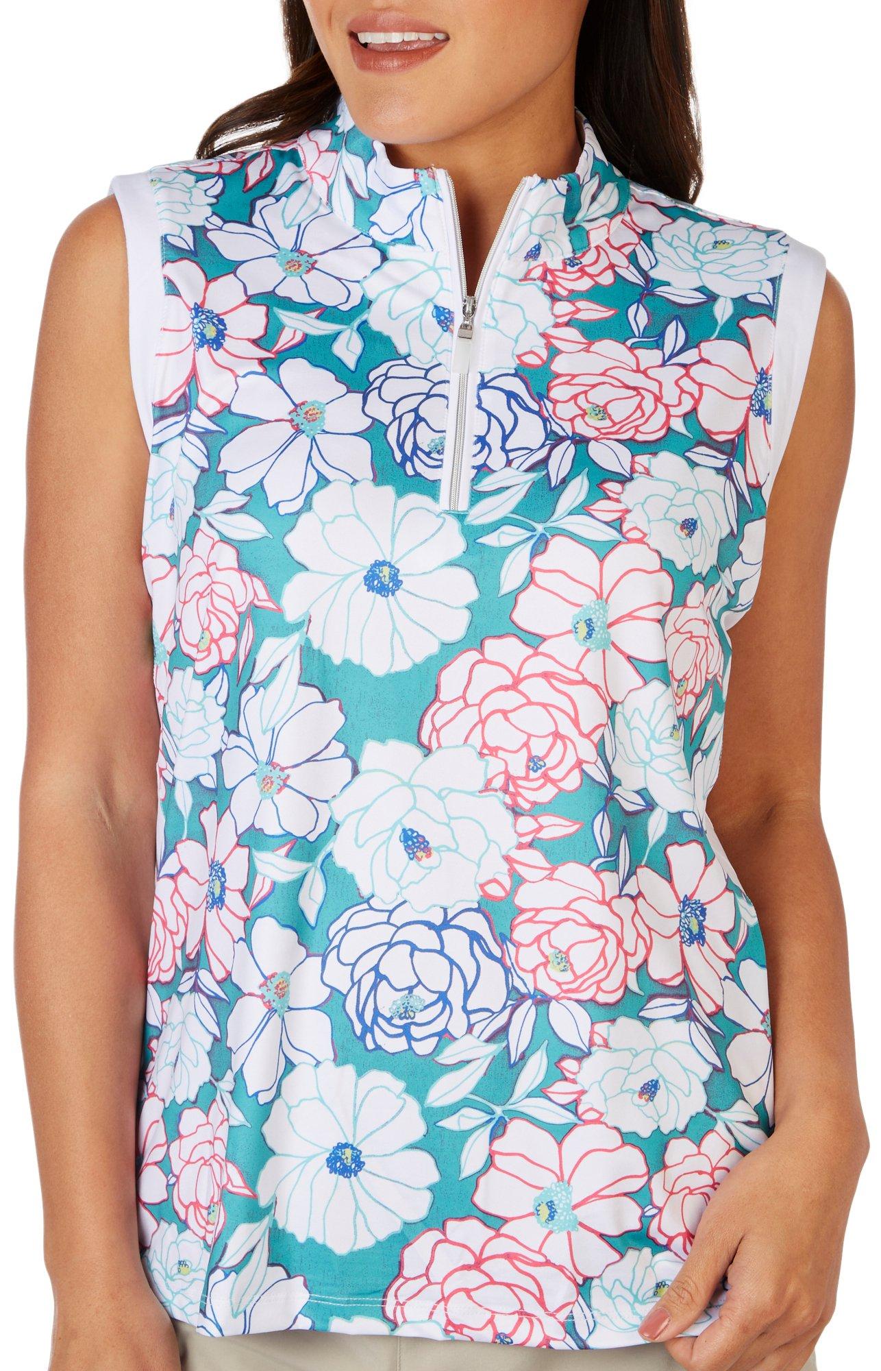 Womens Floral 1/4 Zip Sleeveless Polo Top