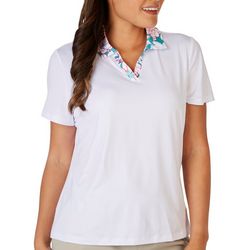 Womens Solid Floral Trim Short Sleeve Golf Polo