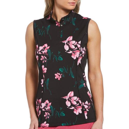 Callaway Womens Buttoned Neck Floral Sleeveless Polo