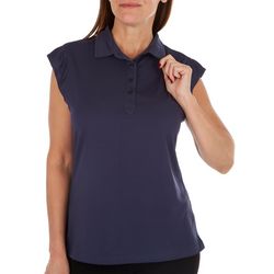Womens Solid Button Ruffle Cap Sleeve Polo