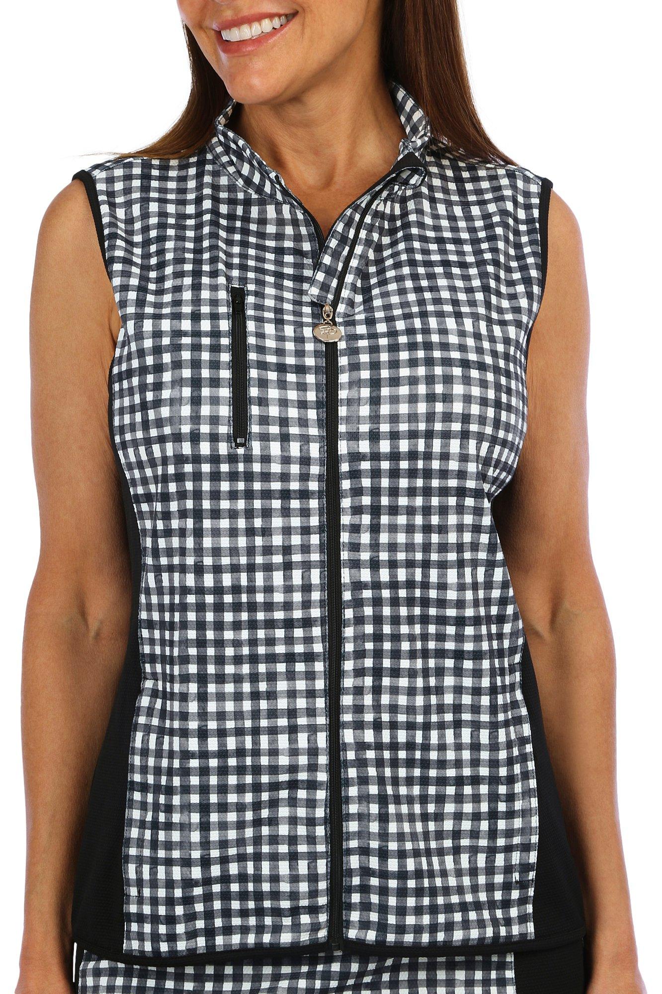 Stella Parker Womens Checkered Quarter Zip Sleeveless Top