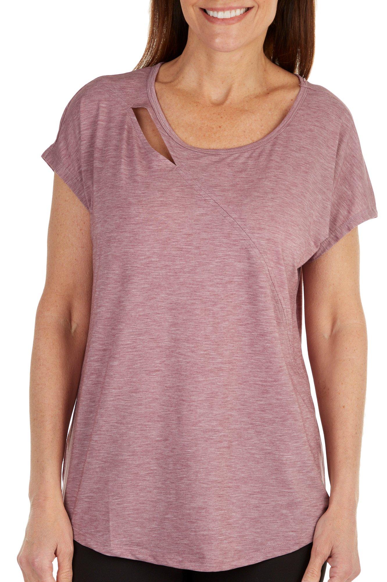 Nine West Womens Solid Cut Out Back Mesh Short Sleeve Top