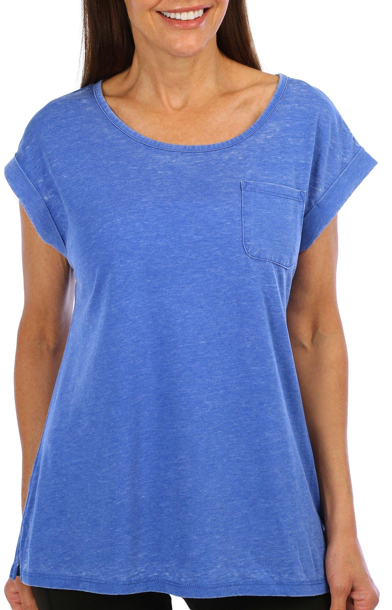 Womens Solid Scoop Neck Cuff Short Sleeves Top