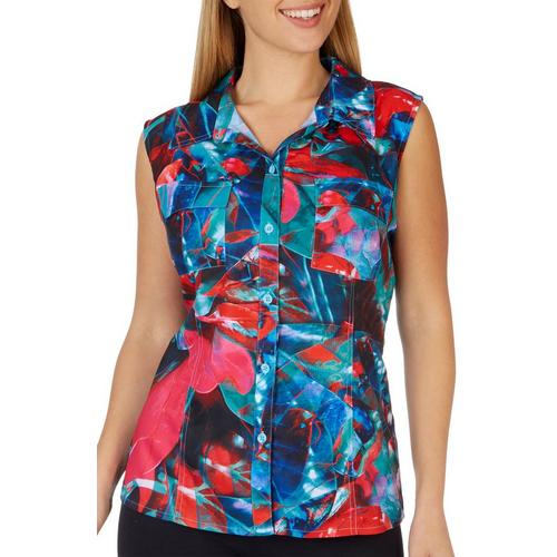 Reel Legends Womens Floral Mariner Collared Sleeveless Top