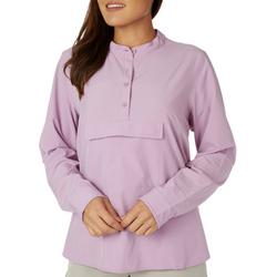 Womens Solid Woven Long Sleeve Popover