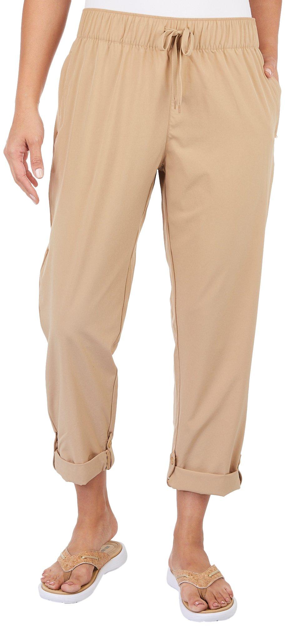 Coral Bay Womens Solid Sheeting Rolled Tab Capris Small Khaki