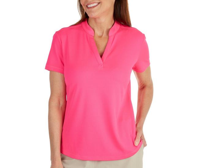 Reel Legends Womens Freeline Solid Mandarin Short Sleeve Top - Pink Neon - Small