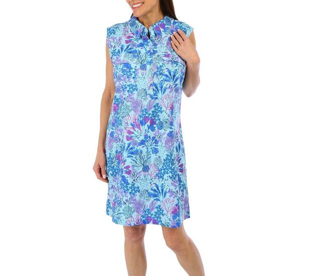 Reel Legends Womens Deep Sea Coral Reef Sleeveless Dress - Blue Multi - Small