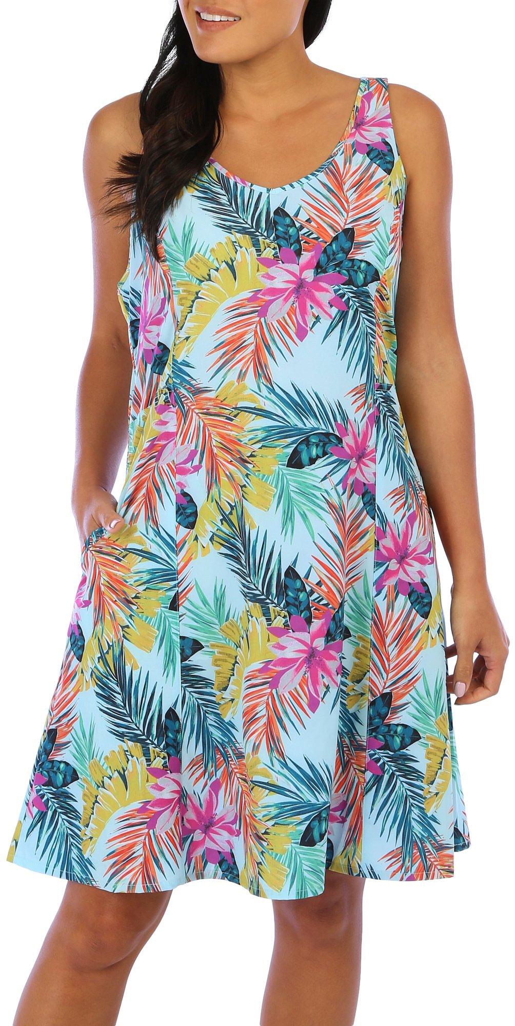 Womens Tropical Print Pocket Tank Dress